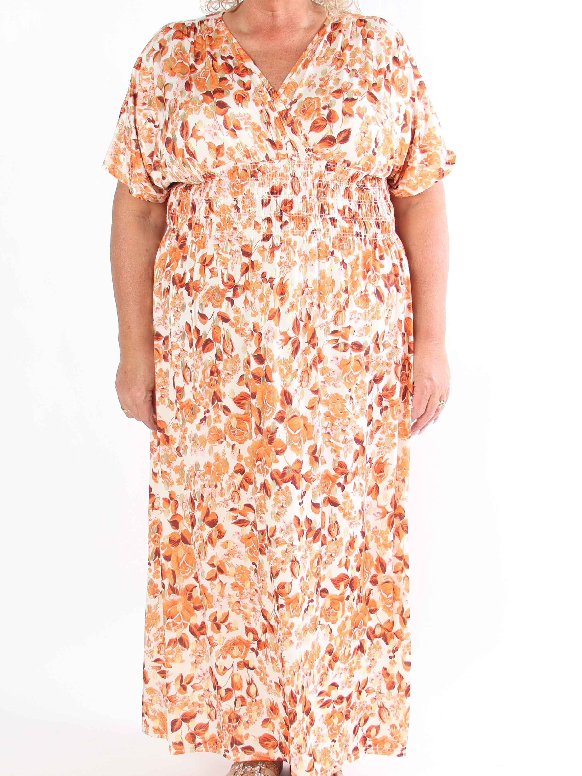 Pams Small Rose - Plus size kjole med blomsterprint og guld detaljer